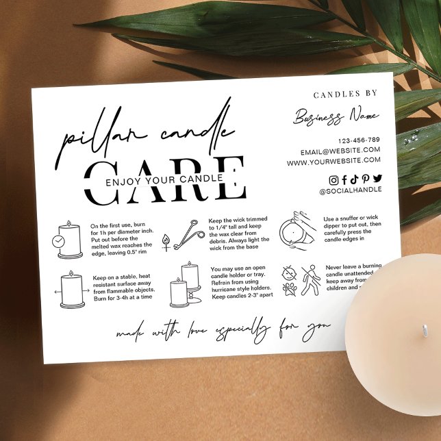 Säkerhetsinstruktioner för ljus i pelare Modern Ca Tack Kort (Modern pillar candle safety instructions cards with candle care icons)