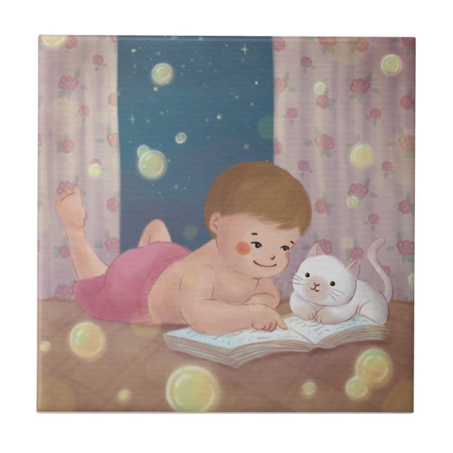 Saknade dig: Illustration av pojke och katt Kakelplatta (Framsidan)