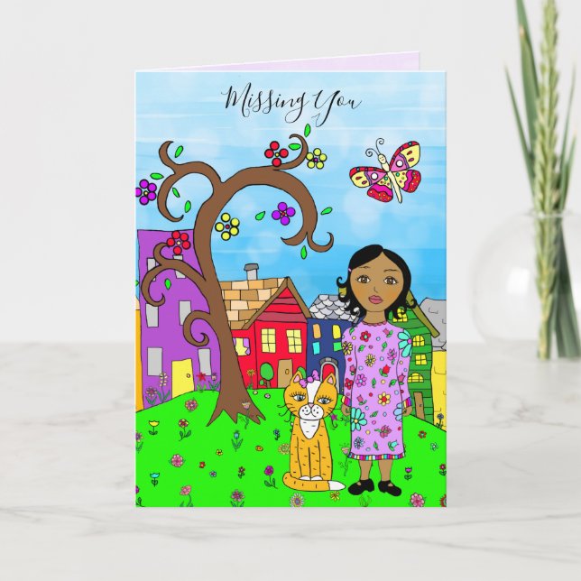 Saknade dig, Whimsical Dam och Cat Vänskap Kort (Framsida)