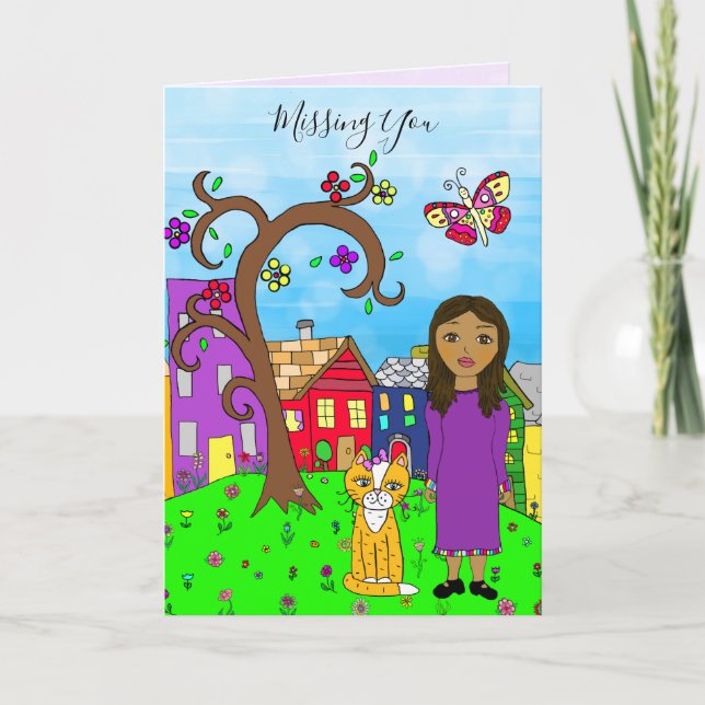 Saknade dig, Whimsical Dam och Cat Vänskap Kort (Framsida)