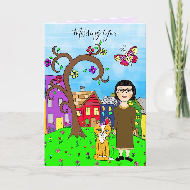 Saknade dig, Whimsical Dam och Cat Vänskap Kort (Framsida)