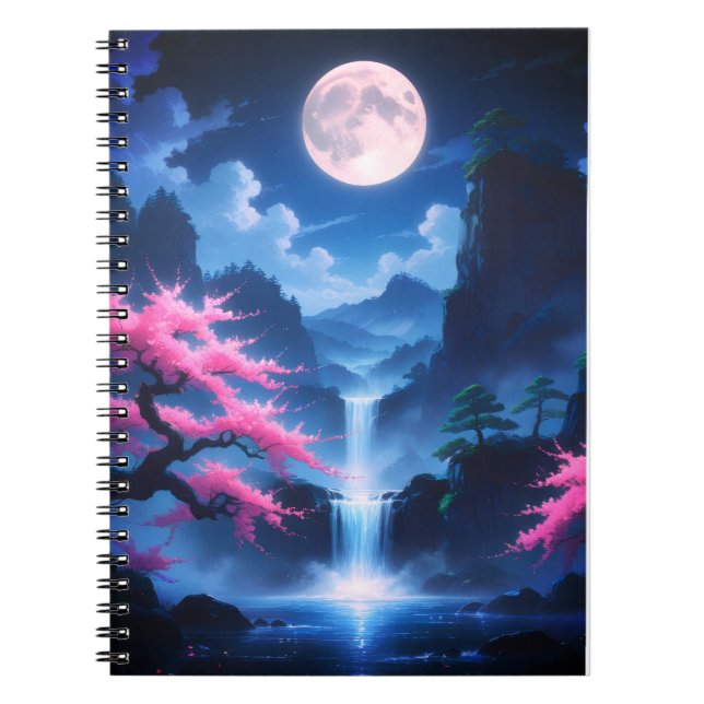 Sakora tree-Moonlit Waterfall with Cherr-pink Anteckningsbok (Framsidan)