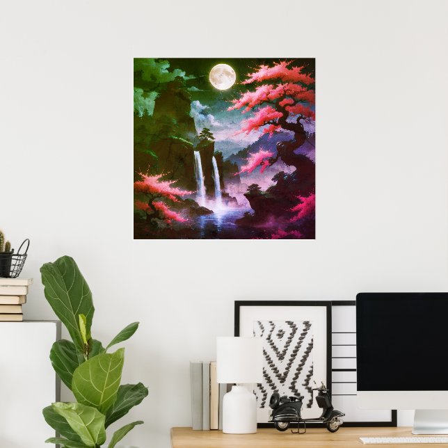 Sakora tree-Moonlit Waterfall with Cherr-pink Poster (Hemmakontoret)