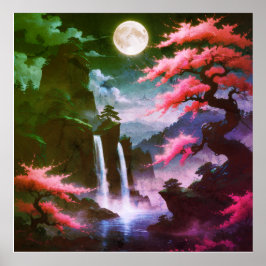 Sakora tree-Moonlit Waterfall with Cherr-pink Poster