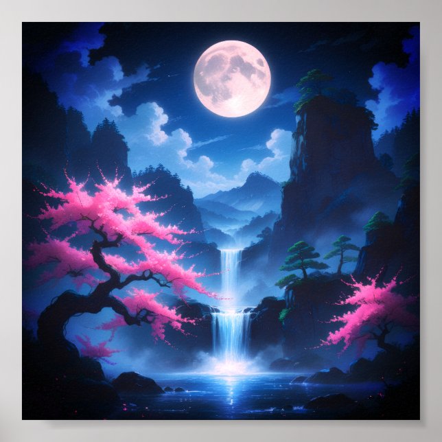 Sakora tree-Moonlit Waterfall with Cherr-pink Poster (Framsidan)