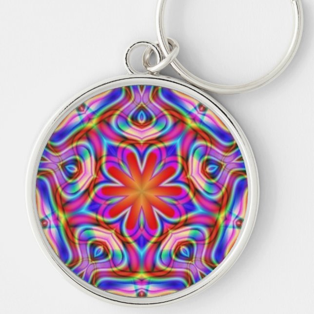 Sakral geometri Keychain för FractalstjärnaMandala Rund Silverfärgad Nyckelring (Framsidan)