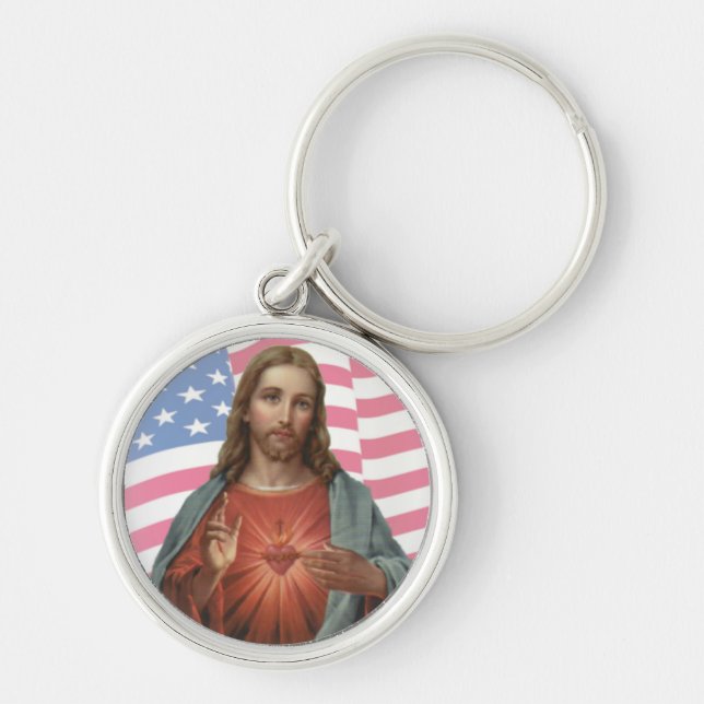 SAKRAL HJÄRTA FÖR USA AMERIKANSKA FLAGGAN AV JESUS RUND SILVERFÄRGAD NYCKELRING (Framsidan)