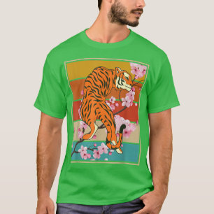 Sakura Animal Vild katt Retro Cherry Blommar Asian T Shirt