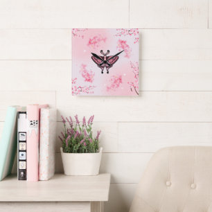 Sakura Bliss, Rosa Moth, Sakura Background Fyrkantig Klocka