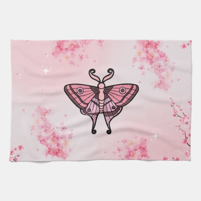 Sakura Bliss, Rosa Moth, Sakura Background Kökshandduk (Horisontell)