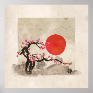 Sakura Blommar Ligcape Zen hieroglyph Poster