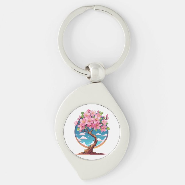 Sakura blommor blommar swirl silverfärgad nyckelring (Framsidan)