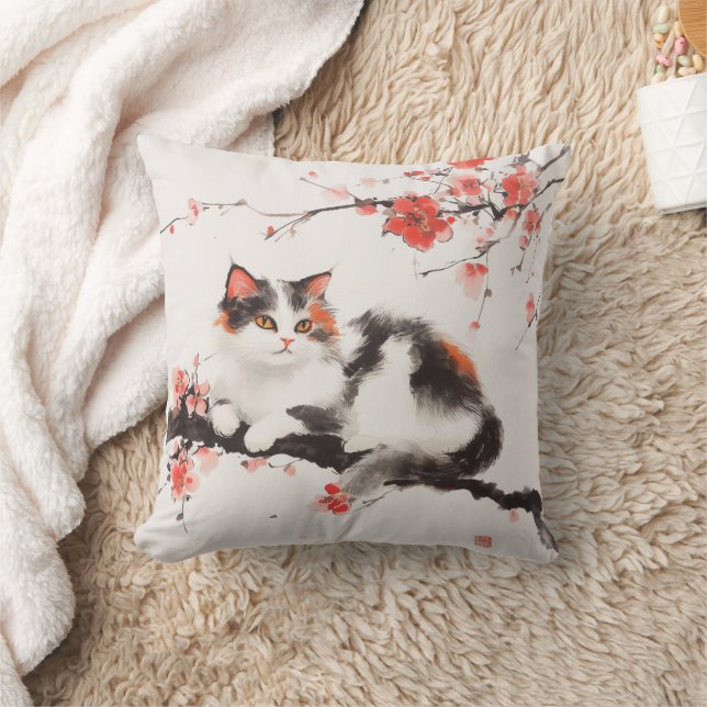 Sakura Cat Decorative Pillow - Elegant Blommigt Ar Kudde (Filt)