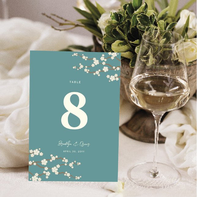 Sakura Cherry Blommar Bordsnumret Asien Bröllop Bordsnummer (Ivory White/Cream Sakura Cherry Blossoms Elegant Asian Wedding Table Number Card @ fat_fa_tin)