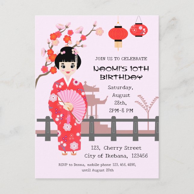 Sakura Cherry Blommar Japansk Girl Födelsedagsfest Inbjudan Vykort (Framsida)