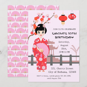 Sakura Cherry Blommar Japansk Girl Födelsedagsfest Inbjudningar