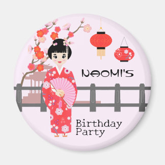 Sakura Cherry Blommar Japansk Girl Födelsedagsfest Magnet