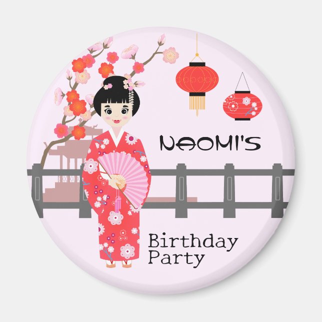 Sakura Cherry Blommar Japansk Girl Födelsedagsfest Magnet (Framsidan)