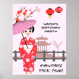 Sakura Cherry Blommar Japansk Girl Födelsedagsfest Poster