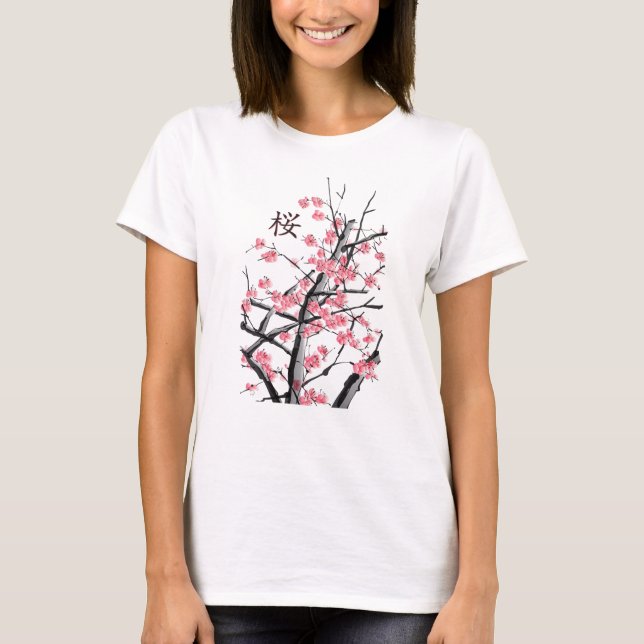 Sakura Cherry Blommar Träd Japanska Kanji Artwork T Shirt (Framsida)