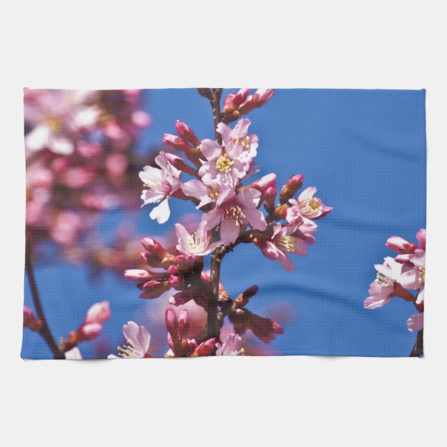Sakura Cherry Blommars Touching Blue Kökshandduk (Horisontell)