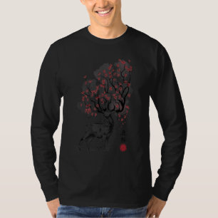 Sakura Deer Träd Sumi E Blommor Akvarell Japanska T Shirt