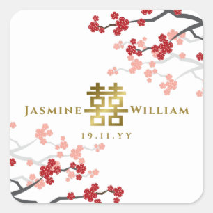 Sakura Dubbla Happity Chinese Bröllop Sticker Fyrkantigt Klistermärke