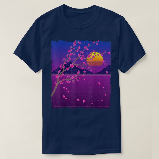 Sakura Flower Japan 80 s Vaporwave Sunset Cherry B T Shirt (Design framsida)