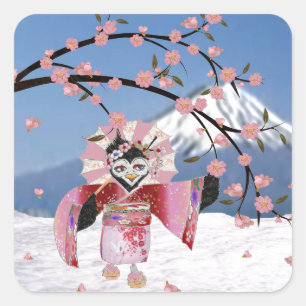 Sakura Geisha Bird i Blommarna Snö Cherry Fyrkantigt Klistermärke