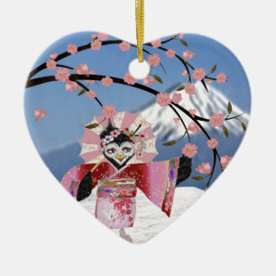 Sakura Geisha Bird i Blommarna Snö Cherry Julgransprydnad Keramik