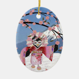 Sakura Geisha Bird i Blommarna Snö Cherry Julgransprydnad Keramik
