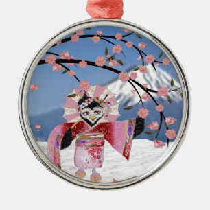 Sakura Geisha Bird i Blommarna Snö Cherry Julgransprydnad Metall