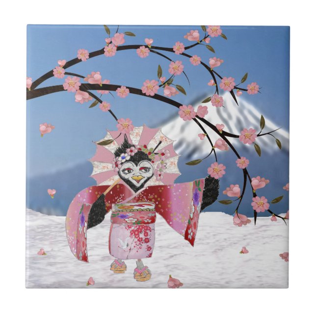 Sakura Geisha Bird i Blommarna Snö Cherry Kakelplatta (Framsidan)