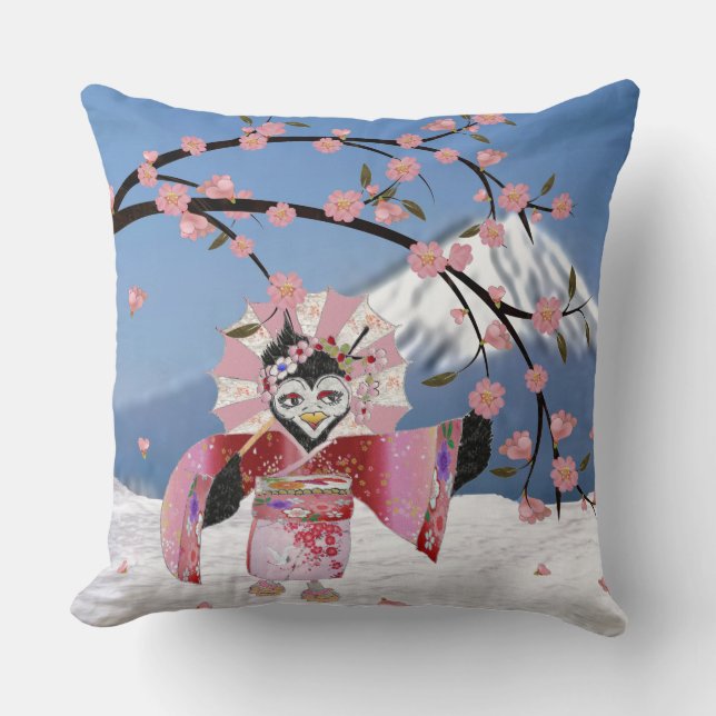 Sakura Geisha Bird i Blommarna Snö Cherry Kudde (Framsida)