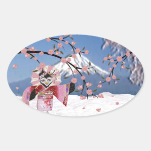 Sakura Geisha Bird i Blommarna Snö Cherry Ovalt Klistermärke
