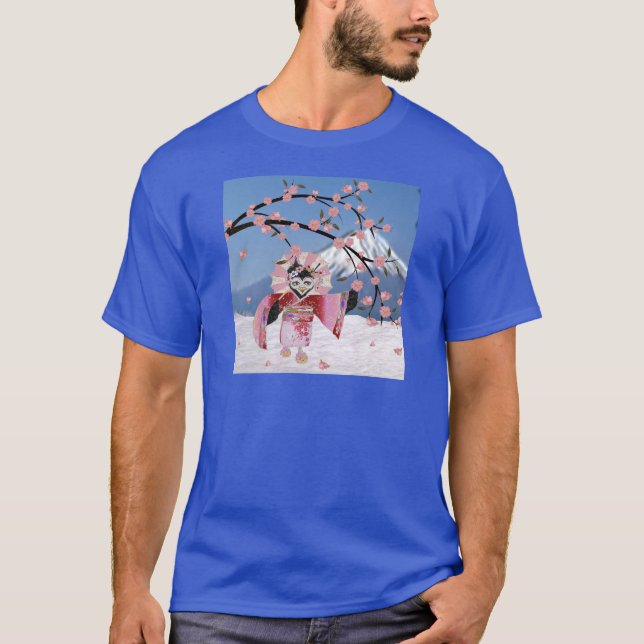 Sakura Geisha Bird i Blommarna Snö Cherry T Shirt (Framsida)