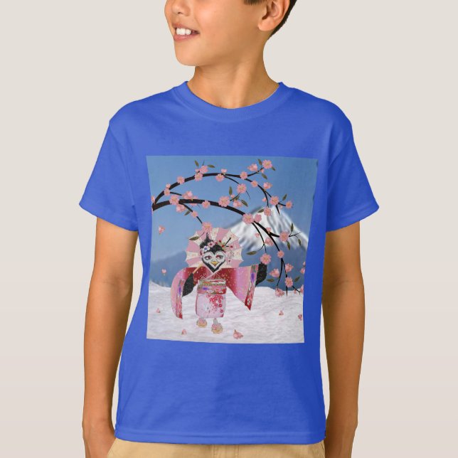 Sakura Geisha Bird i Blommarna Snö Cherry Tee Shirt (Framsida)