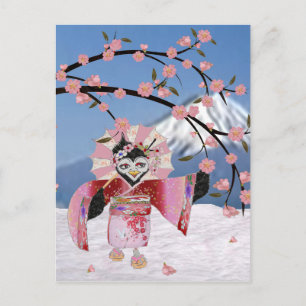 Sakura Geisha Bird i Blommarna Snö Cherry Vykort