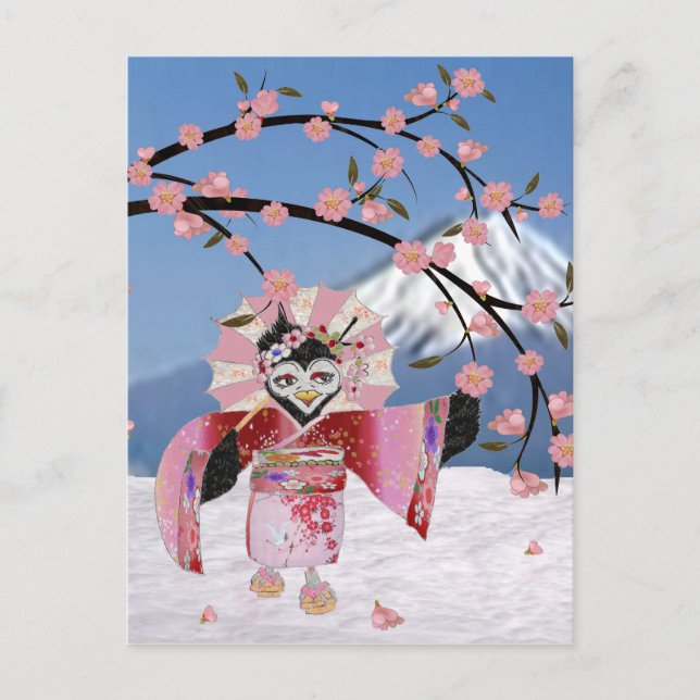 Sakura Geisha Bird i Blommarna Snö Cherry Vykort (Framsida)