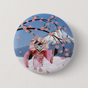 Sakura Geisha Fågel i snö Körsbärsblommor Knapp
