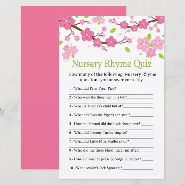 Sakura-gren Barnkammarrim Quiz baby shower-spel (Fram/baksida)