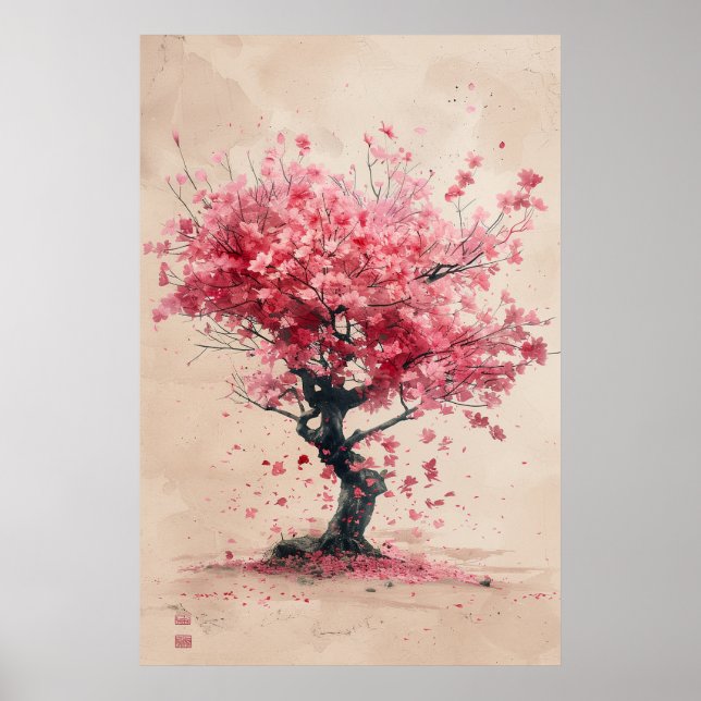 Sakura i vinden – Japansk körsbärsblomstermålning Poster (Framsidan)