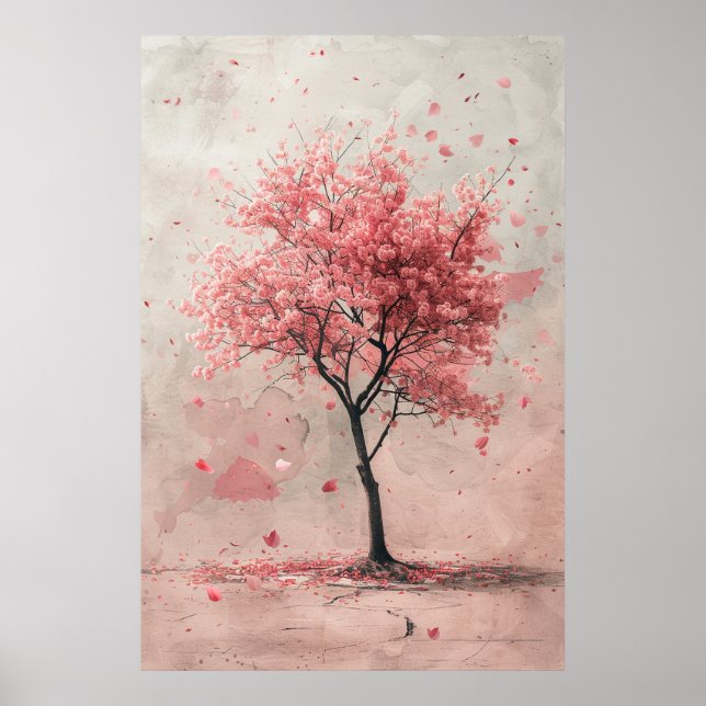 Sakura i vinden – Japansk körsbärsblomstermålning Poster (Framsidan)