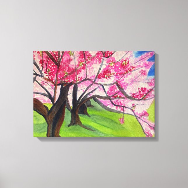 Sakura Japanska Cherry Blommar vattencolor art Canvastryck (Framsida)