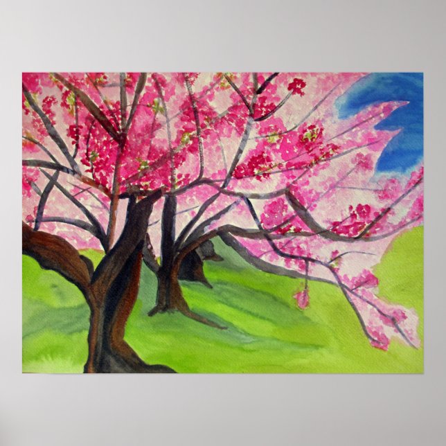 Sakura Japanska Cherry Blommar vattencolor Poster (Framsidan)