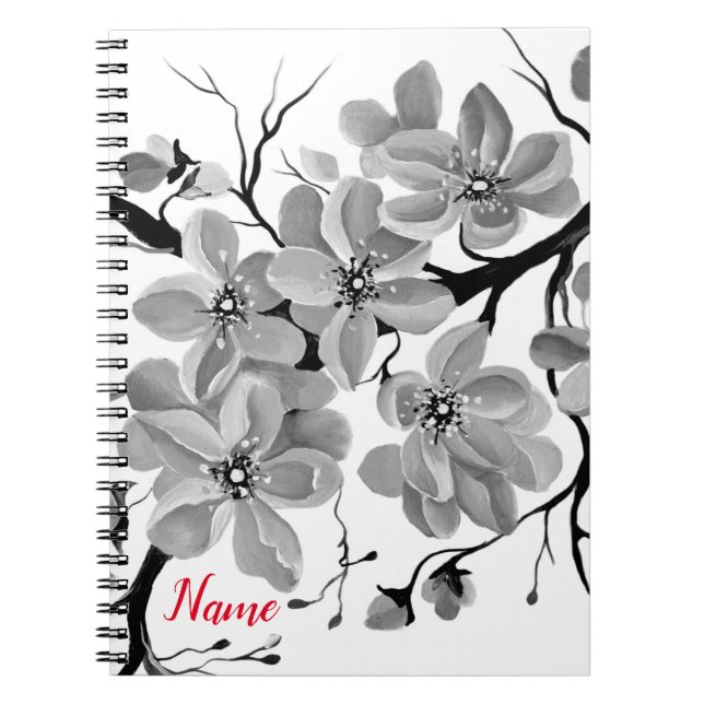 Sakura Japanska Cherry Träd Black and White Anteckningsbok (Framsidan)