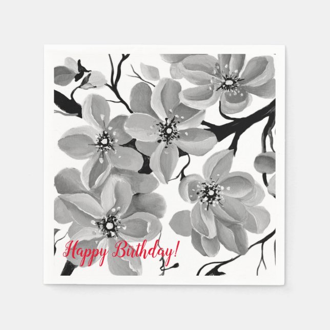 Sakura Japanska Cherry Träd Black and White Pappersservett (Framsidan)