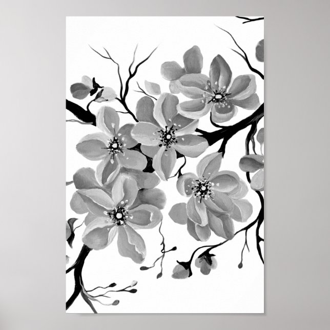 Sakura Japanska Cherry Träd Black and White Poster (Framsidan)