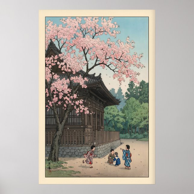 Sakura Jiin Print Spring Temple Scene with Kids Poster (Framsidan)