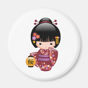 Sakura Kokeshi docka - Geishaflicka på vit Magnet